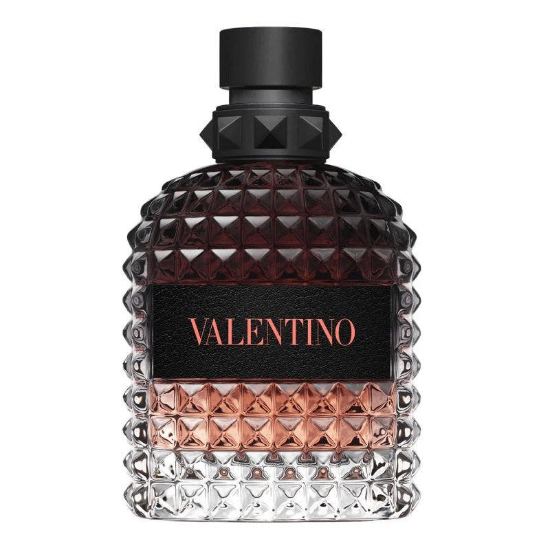 Valentino perfume bottle with geometric design on a white background