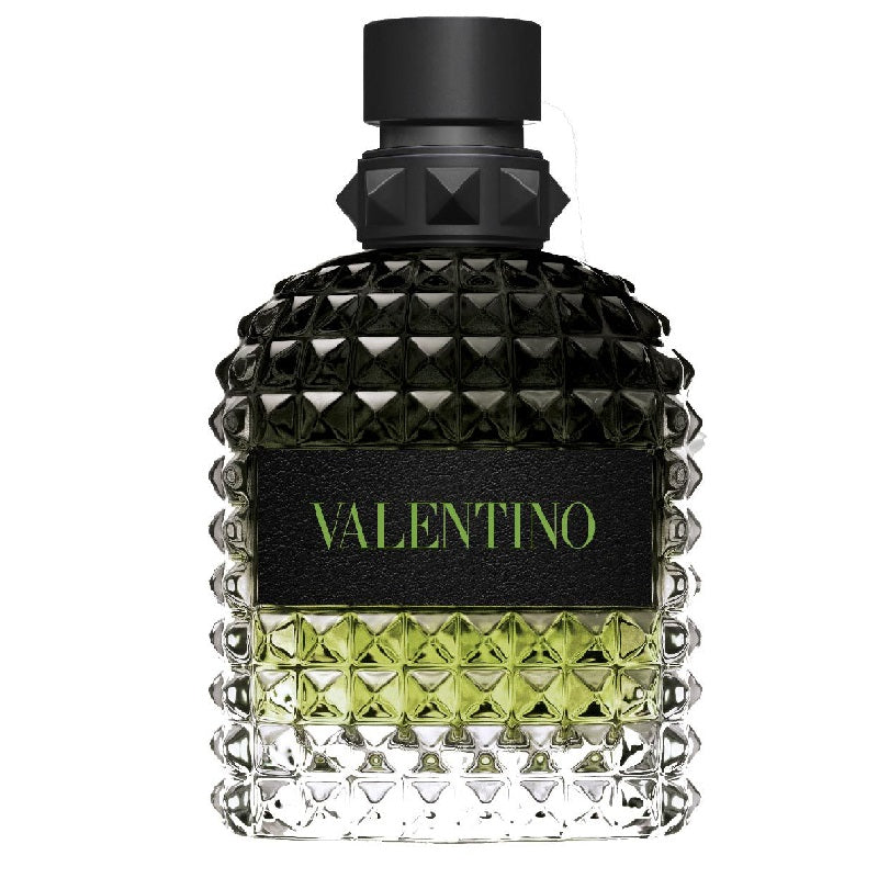 Valentino Uomo Born in Roma Green Stravaganza perfume bottle with black cap and textured green liquid inside.