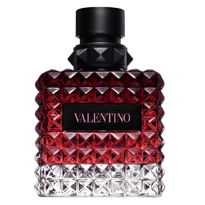 A square-shaped red perfume bottle with a black cap, labeled 'VALENTINO', representing the product 'Donna Born In Roma Intense (100ml) Eau de Parfum by Valentino'.