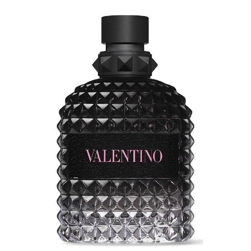 A black bottle of Valantino Uomo Born in Roma eau de toilette with a textured design and the brand name 'VALENTINO' in pink letters.