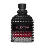 Black and red textured perfume bottle with 'Valentino' branding on a white background