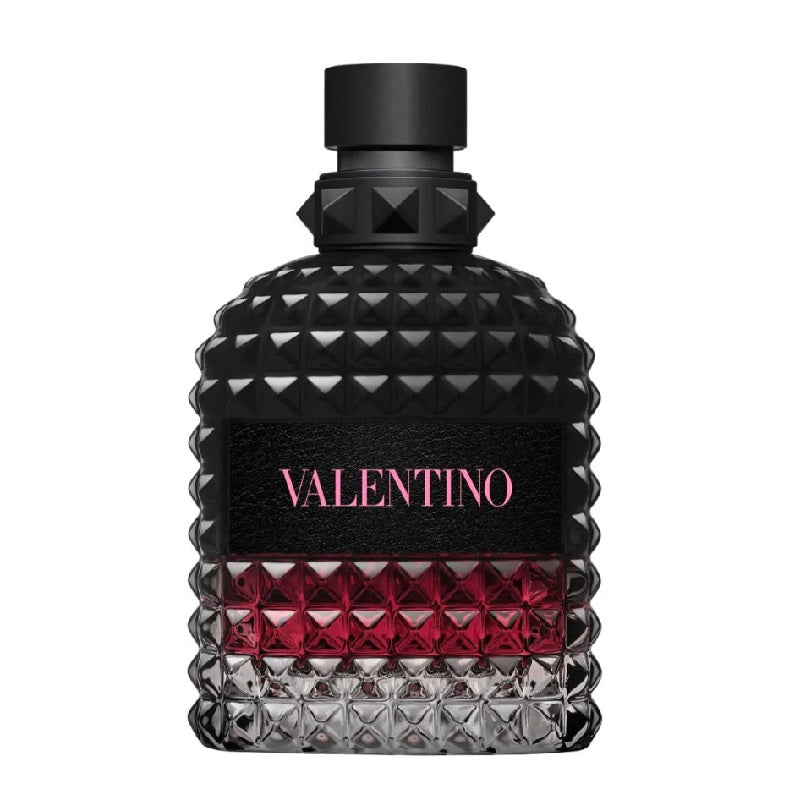 Black and red textured perfume bottle with 'Valentino' branding on a white background
