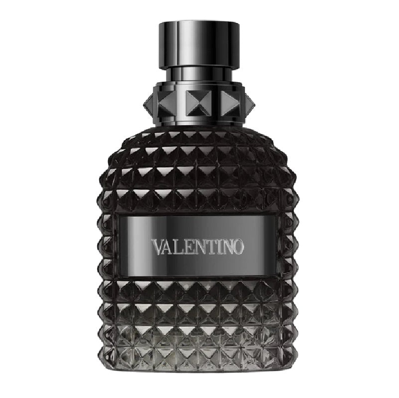 Black diamond-patterned Valentina perfume bottle on a white background