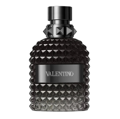 Black diamond-patterned Valentina perfume bottle on a white background