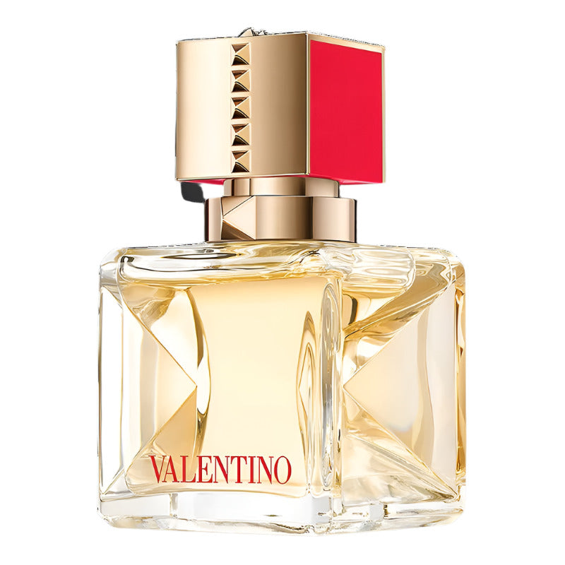 A glass bottle of Valentino Voce Viva eau de parfum with a gold and red cap, labeled with the brand name Valentino.