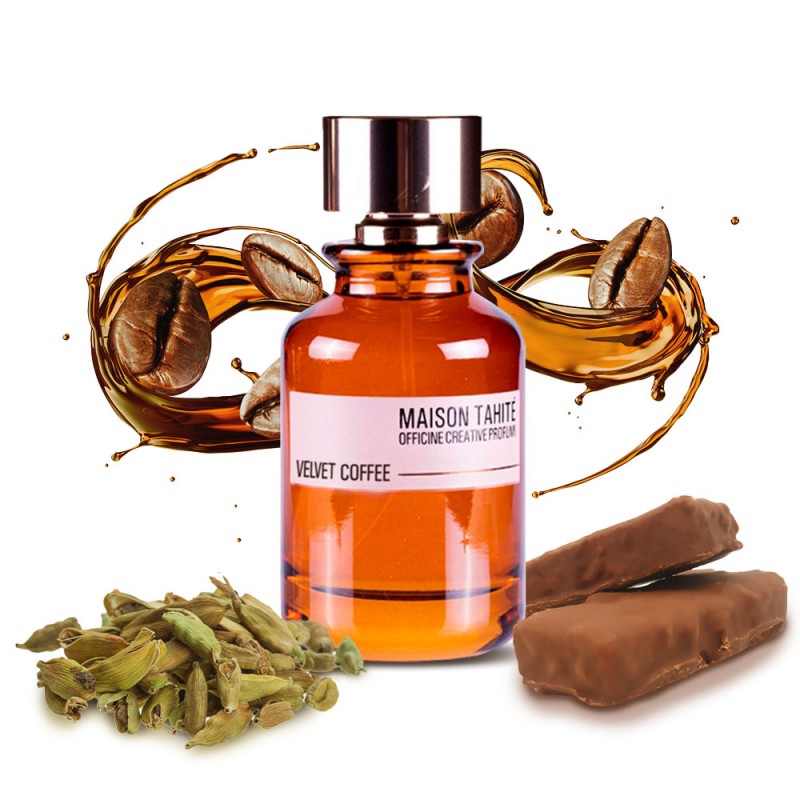 Perfume bottle labeled 'Maison Tahite' with coffee beans, coffee grounds, and a chocolate bar on a white background