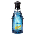 A bottle of Versace Blue Jeans Eau de Toilette with a clear blue liquid visible and label detailing the product name and brand.