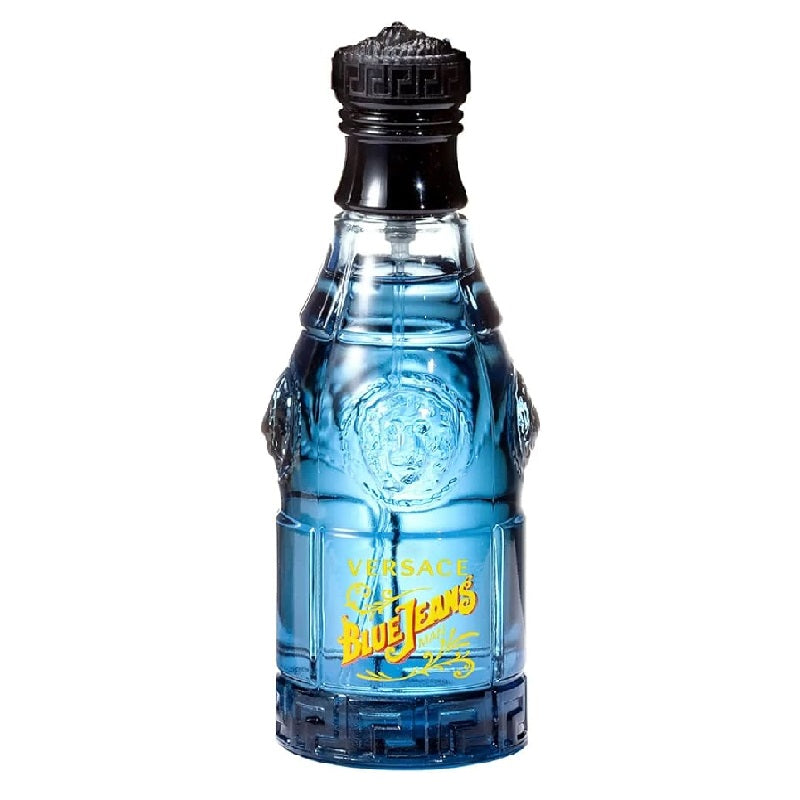 A bottle of Versace Blue Jeans Eau de Toilette with a clear blue liquid visible and label detailing the product name and brand.