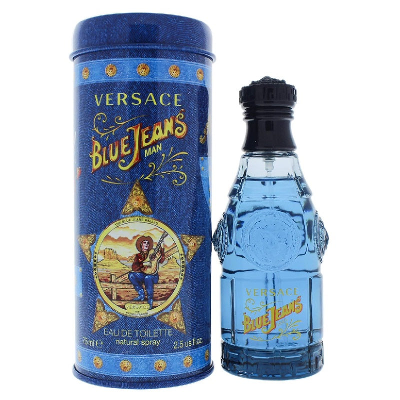 Pack Image: Versace Blue Jeans Eau de Toilette presentation with the iconic blue bottle beside the signature denim-inspired cylindrical tin packaging on a pure white background.