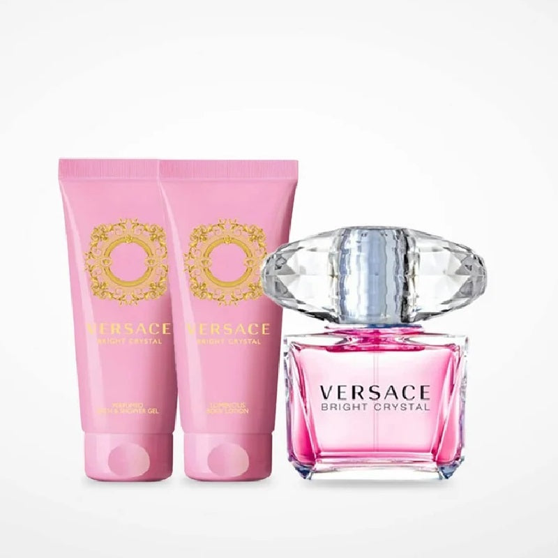Versace Bright Crystal perfume and body lotion set on a white background