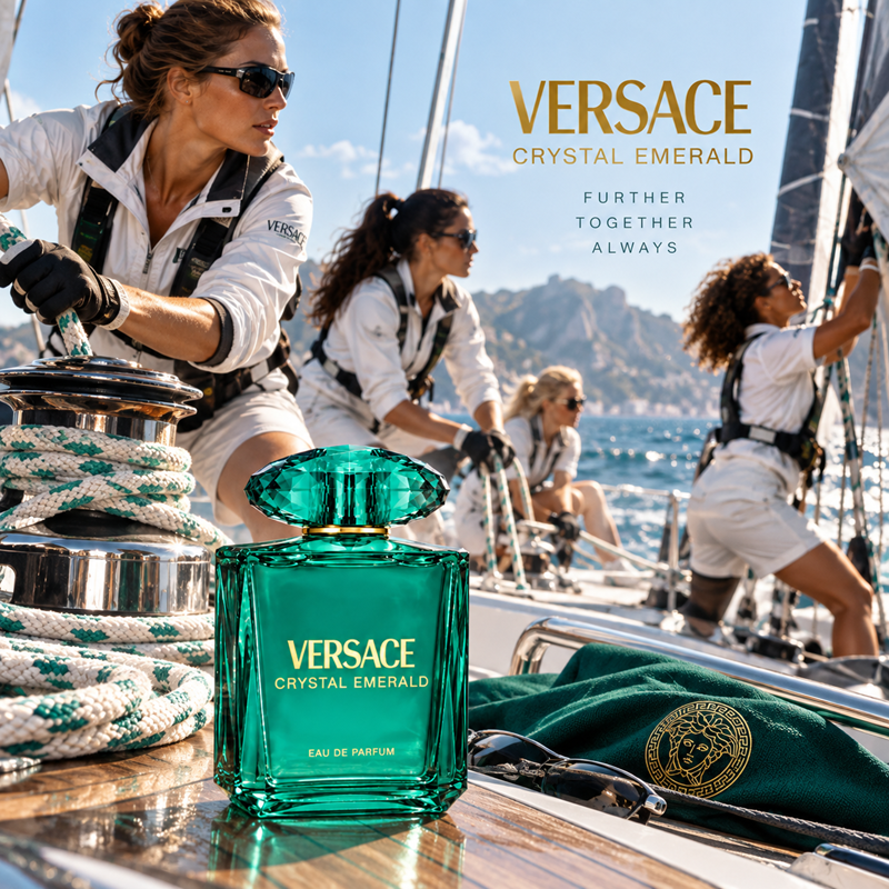 Versace Crystal Emerald Eau de Parfum bottle in a vibrant green glass, prominently displayed in the foreground on a wooden deck of a sailboat, with crew members working on the boat in the background under a blue sky.