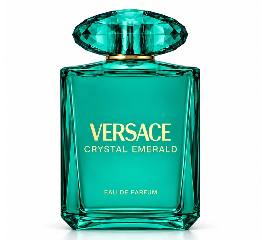 Versace Crystal Emerald Eau de Parfum in a faceted teal-green glass bottle with a matching faceted cap and gold lettering, shown on a white background.