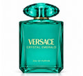 Versace Crystal Emerald Eau de Parfum in a faceted teal-green glass bottle with a matching faceted cap and gold lettering, shown on a white background.