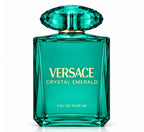 Versace Crystal Emerald Eau de Parfum in a faceted teal-green glass bottle with a matching faceted cap and gold lettering, shown on a white background.
