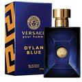 A product image featuring Dylan Blue Pour Homme Eau de Toilette by Versace, with a blue bottle and gold cap, accompanied by its packaging box.