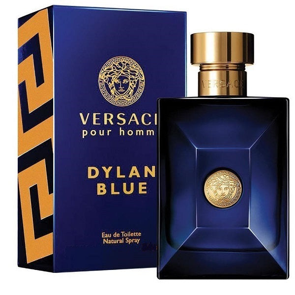 A product image featuring Dylan Blue Pour Homme Eau de Toilette by Versace, with a blue bottle and gold cap, accompanied by its packaging box.