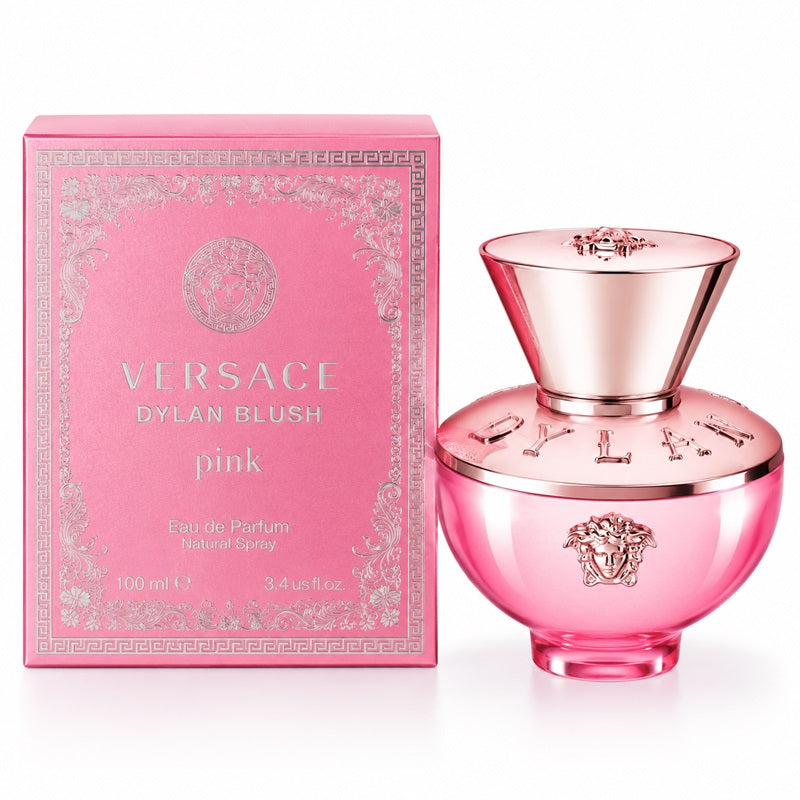 Versace Dylan Blush pink Eau de Parfum natural spray bottle next to its pink packaging box, featuring the iconic Medusa logo and rose gold metallic accents.