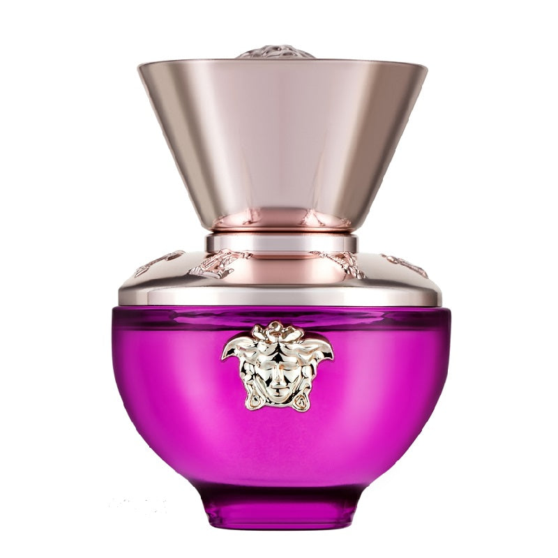 A bottle of Dylan Purple Pour Femme Eau de Parfum by Versace with a purple hue and a floral design on the front.