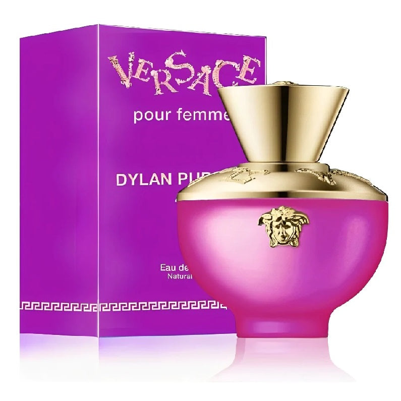 A product image featuring a pink Versace Dylan Purple Pour Femme perfume bottle with a gold cap, alongside its purple box with gold accents.