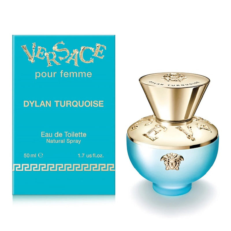 Dylan Turquoise Pour Femme 50ml Eau de Toilette bottle and presentation box by Versace displayed on a pure white background.