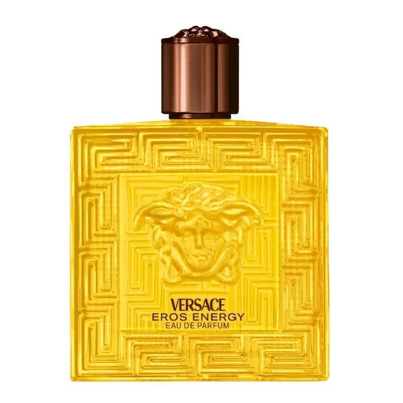 Versace Eros Energy perfume bottle with geometric design and bronze cap on white background