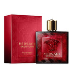 Pack Image: Versace Eros Flame Eau de Parfum presentation with the fiery red Medusa bottle beside the matching luxury red and gold retail box on a pure white background.