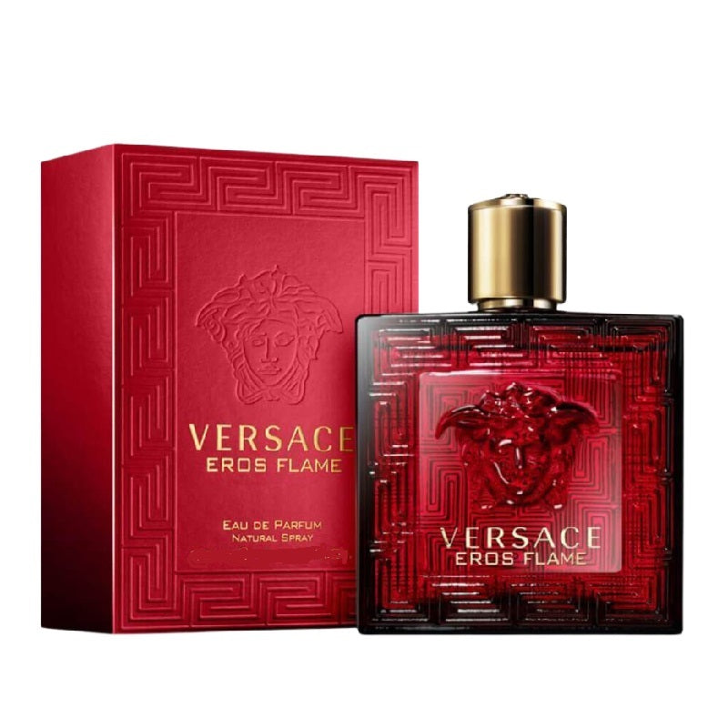 Pack Image: Versace Eros Flame Eau de Parfum presentation with the fiery red Medusa bottle beside the matching luxury red and gold retail box on a pure white background.