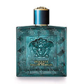 A blue glass bottle of Versace Eros Eau de Parfum with a gold cap and intricate geometric patterns around the body.