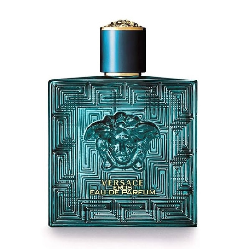 A blue glass bottle of Versace Eros Eau de Parfum with a gold cap and intricate geometric patterns around the body.