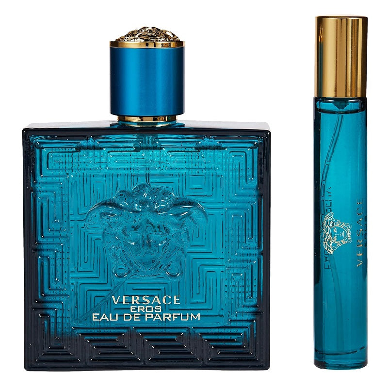 Versace Eros Eau de Parfum set with large and small bottles on a white background