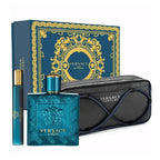 Versace Eros perfume set with blue bottle, black pouch, and decorative box on a white background