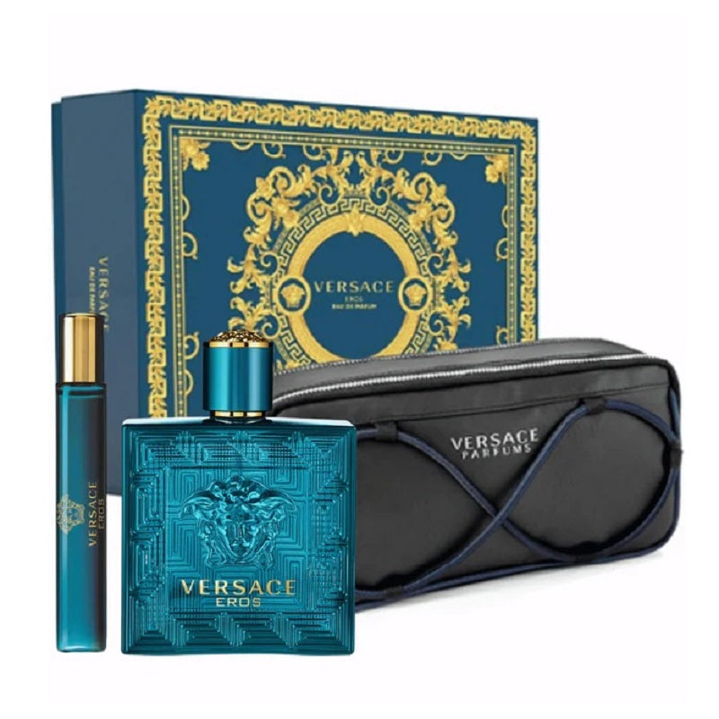 Versace Eros perfume set with blue bottle, black pouch, and decorative box on a white background