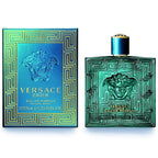 Pack Image: Versace Eros Men Eau de Parfum presentation with the turquoise Medusa bottle beside the matching luxury turquoise and gold retail box on a pure white background.