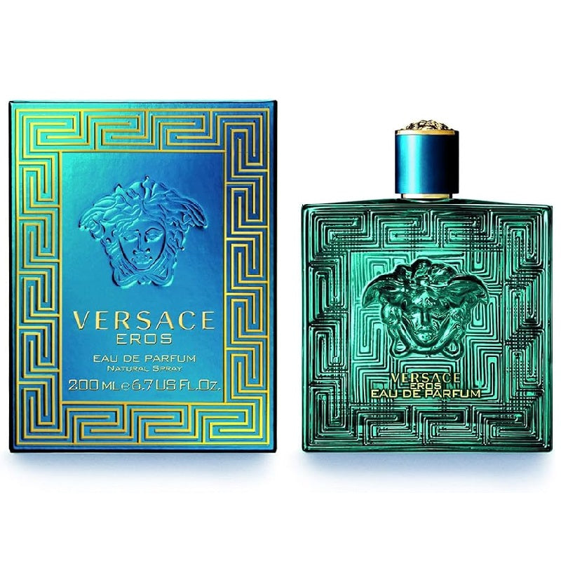 Pack Image: Versace Eros Men Eau de Parfum presentation with the turquoise Medusa bottle beside the matching luxury turquoise and gold retail box on a pure white background.