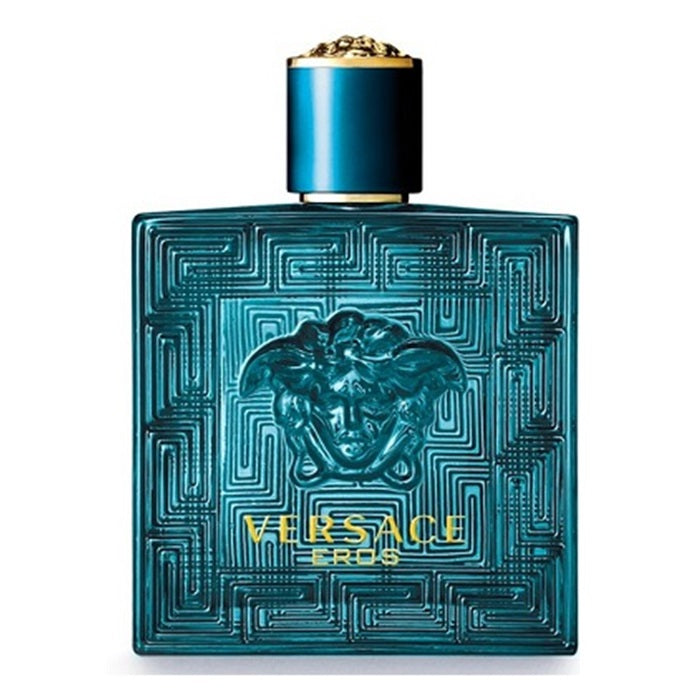 Versace Eros fragrance bottle in a translucent teal blue glass with a gold Medusa emblem and gold lettering, topped with a metallic blue and gold cap, on a white background.