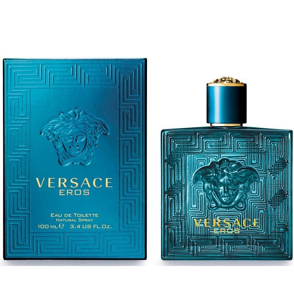 Versace Eros Eau de Toilette natural spray 100 mL bottle next to its blue packaging box, featuring a metallic blue design with gold lettering and a Medusa head emblem.
