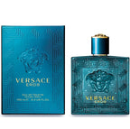 Versace Eros Eau de Toilette natural spray 100 mL bottle next to its blue packaging box, featuring a metallic blue design with gold lettering and a Medusa head emblem.
