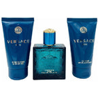 Versace men's grooming products including shower gel, perfume, and after-shave balm on a white background