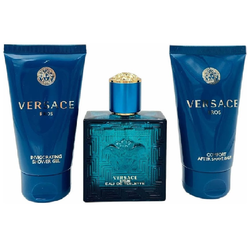 Versace men's grooming products including shower gel, perfume, and after-shave balm on a white background