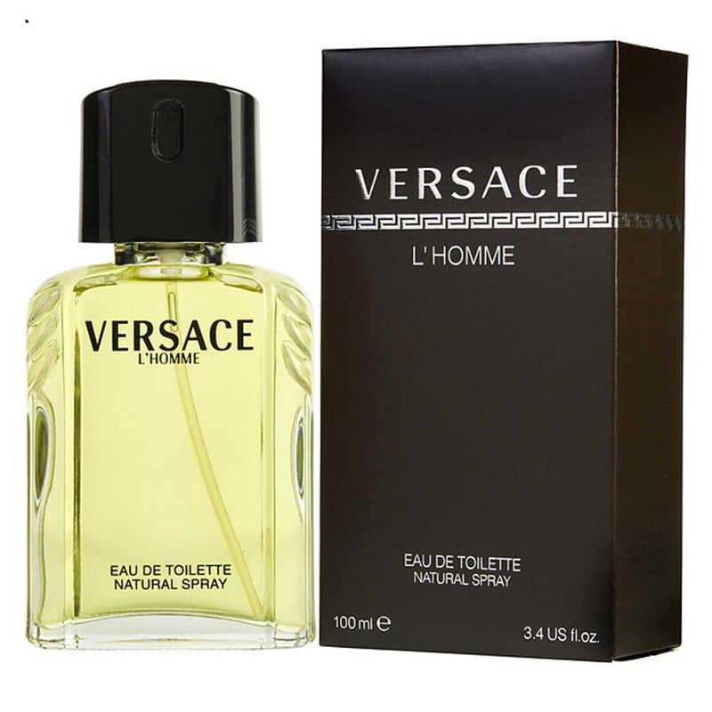 Versace L'Homme Eau de Toilette natural spray bottle with pale yellow liquid next to its black packaging box, both featuring the Versace logo.