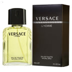 Versace L'Homme Eau de Toilette natural spray bottle with pale yellow liquid next to its black packaging box, both featuring the Versace logo.