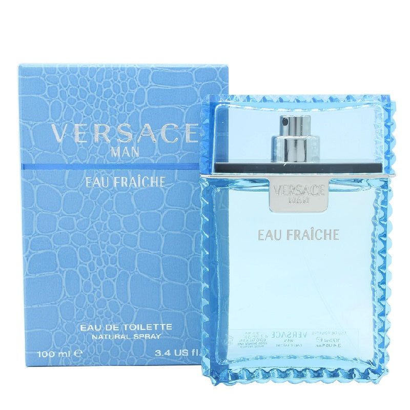 A product image featuring Versace Man Eau Fraiche Eau De Toilette spray bottle and box, predominantly blue in color.