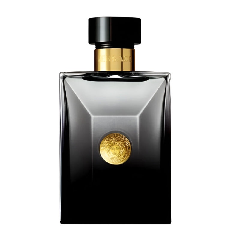 Bottle Image: Versace Oud Noir Pour Homme Eau de Parfum bottle featuring the luxurious black flacon with elegant gold Medusa detailing on a clean white background.