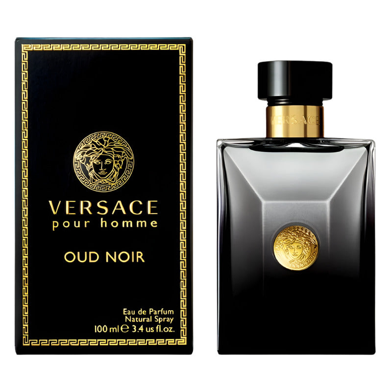 Pack Image: Versace Oud Noir Pour Homme Eau de Parfum presentation with the black bottle beside the matching black and gold luxury retail box on a pure white background.