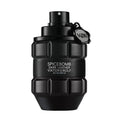 A black bottle of Spicebomb Dark Leather eau de parfum by Viktor Rolf with a distinctive shape resembling a bomb. The label displays the product name and the brand's logo.