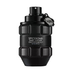 A black bottle of Spicebomb Dark Leather eau de parfum by Viktor Rolf with a distinctive shape resembling a bomb. The label displays the product name and the brand's logo.