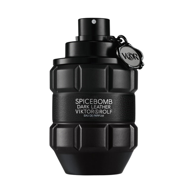 A black bottle of Spicebomb Dark Leather eau de parfum by Viktor Rolf with a distinctive shape resembling a bomb. The label displays the product name and the brand's logo.