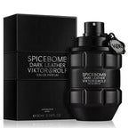 Pack Image: Viktor & Rolf Spicebomb Dark Leather Eau de Parfum presentation with the matte black grenade bottle beside the matching black luxury retail box on a pure white background.