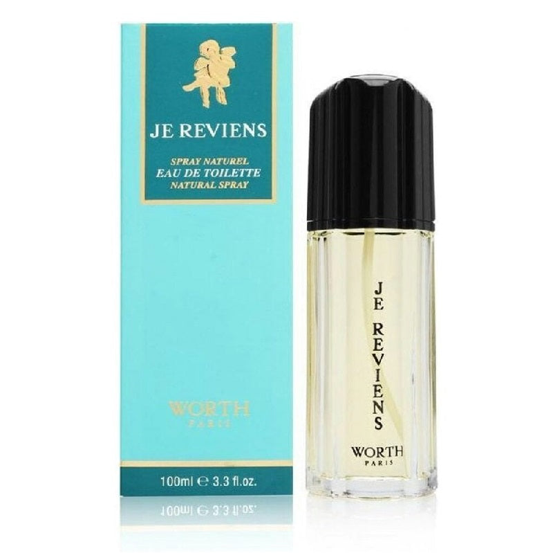 Perfume bottle and packaging of 'Je Reviens' by Worth on a white background