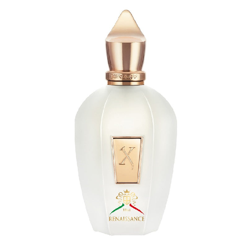 Perfume bottle with gold cap and 'The Renaissance' branding on a white background